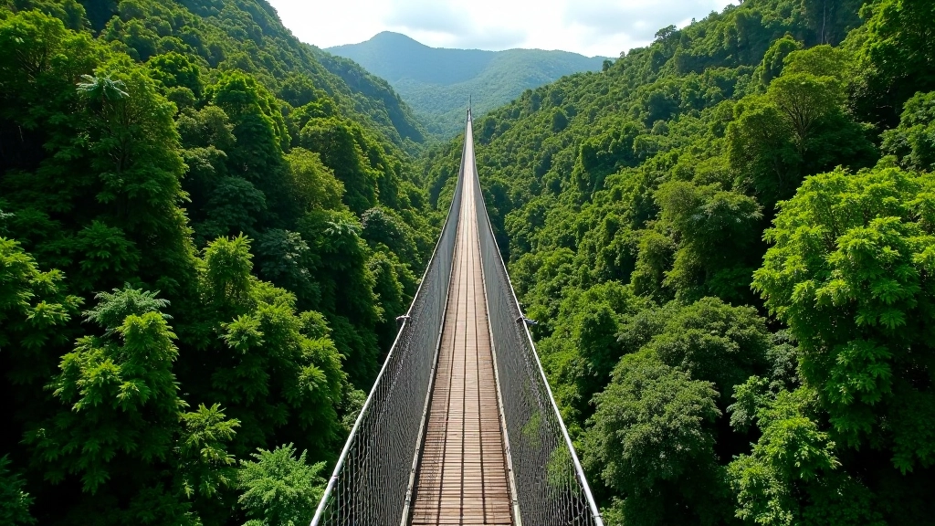 Puente colgante de Orocovis sobre el cañón tropical con vegetación exuberante
