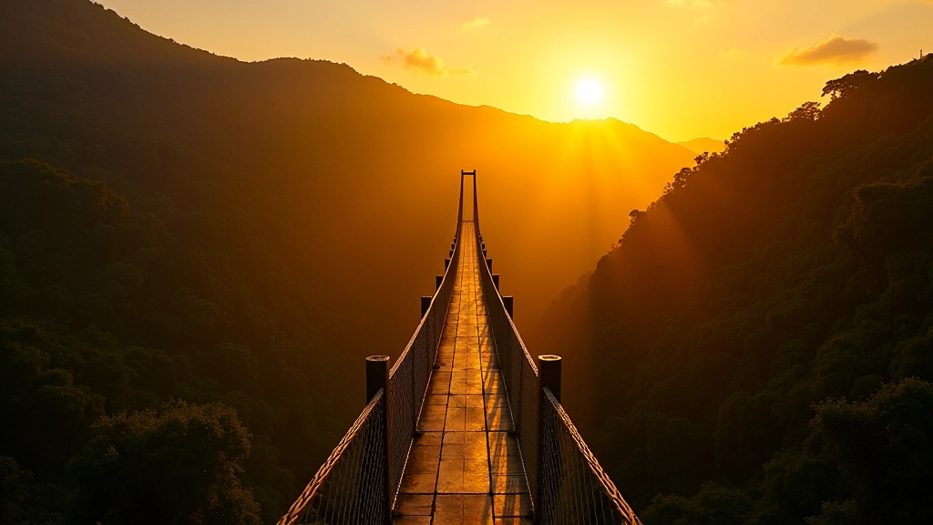 Puesta de sol vista desde el puente colgante con el cañón iluminado por luz dorada tropical