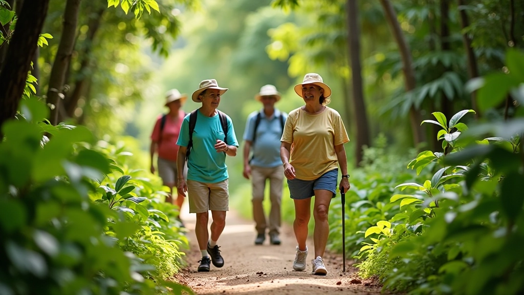 Grupo de personas mayores caminando por sendero en área natural