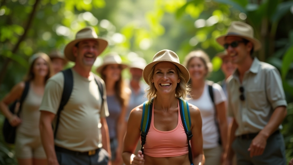Grupo de mayores disfrutando del recorrido en el cañón tropical con guía profesional