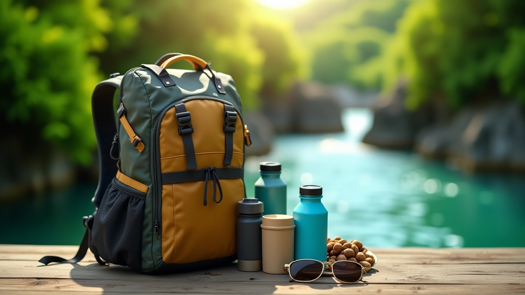 Mochila de senderismo con equipamiento esencial, agua y snacks preparados