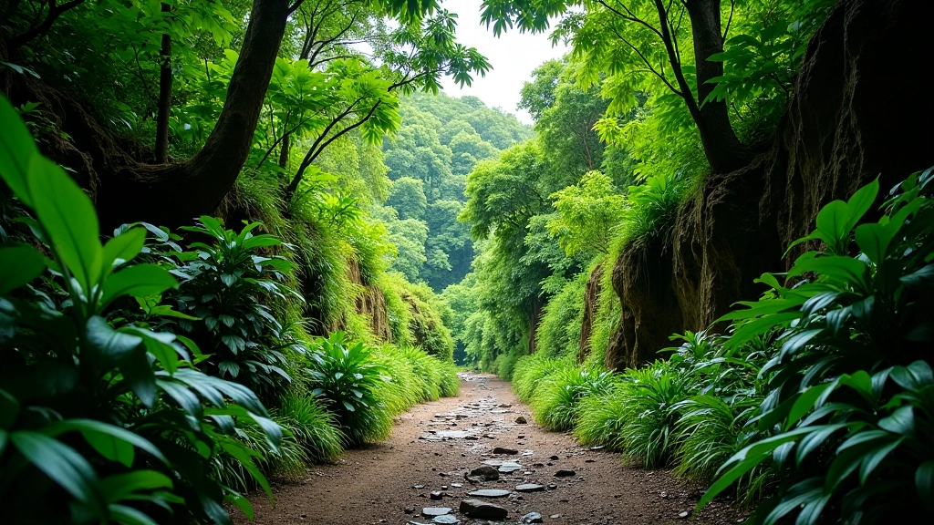 Sendero de acceso al Cañón San Cristóbal entre vegetación tropical densa