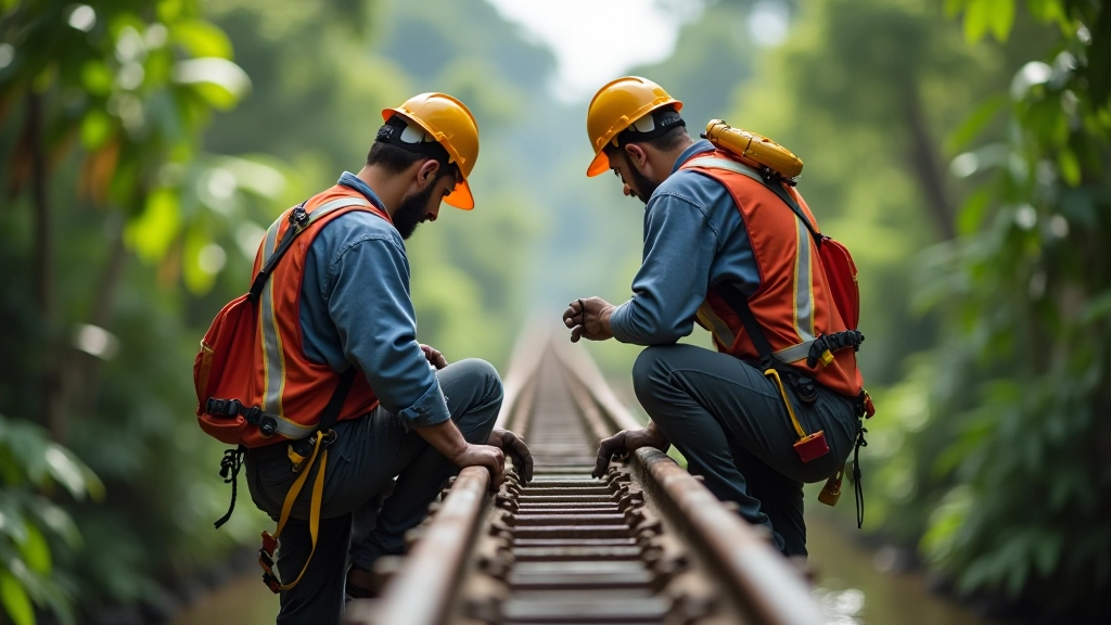 Trabajadores de mantenimiento realizando inspección de los cables y estructura del puente colgante en condiciones de seguridad