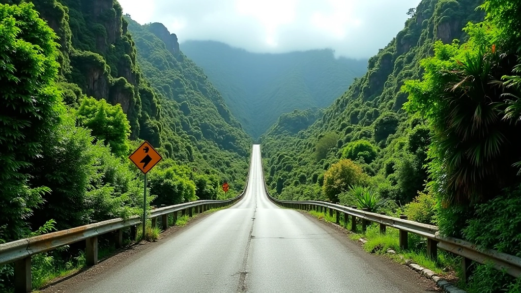 Carretera hacia las montañas con señalización clara y paisaje tropical
