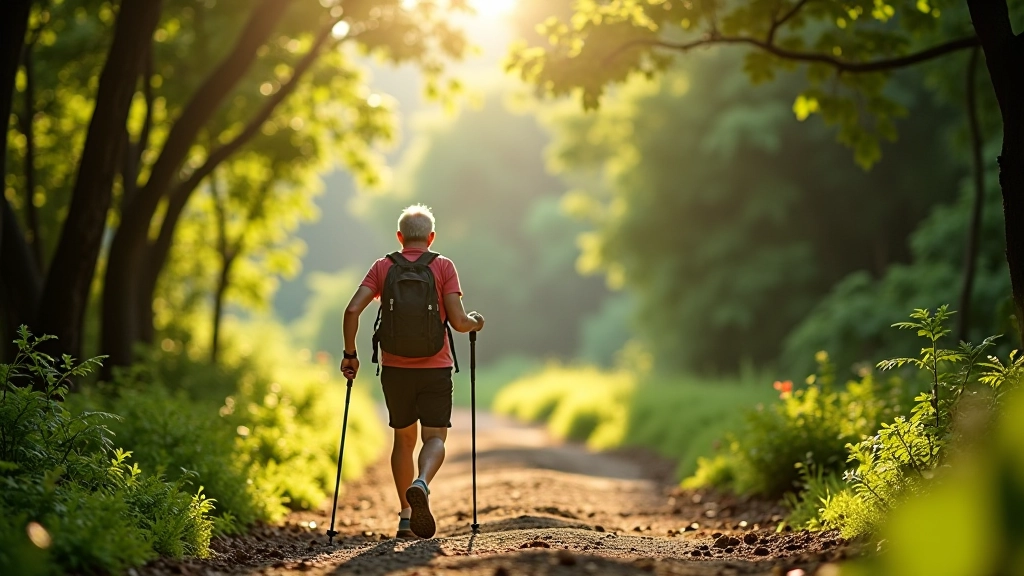 Persona mayor caminando con bastón de trekking en sendero montañoso bien señalizado