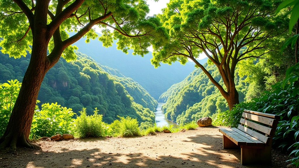 Área de descanso sombreada en sendero con bancos de madera y vistas al cañón