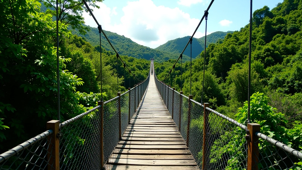 Puente colgante histórico de madera con vista al paisaje tropical