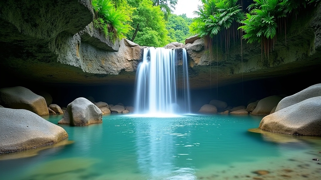 Cascada de agua clara cayendo en piscina natural rodeada de rocas lisas